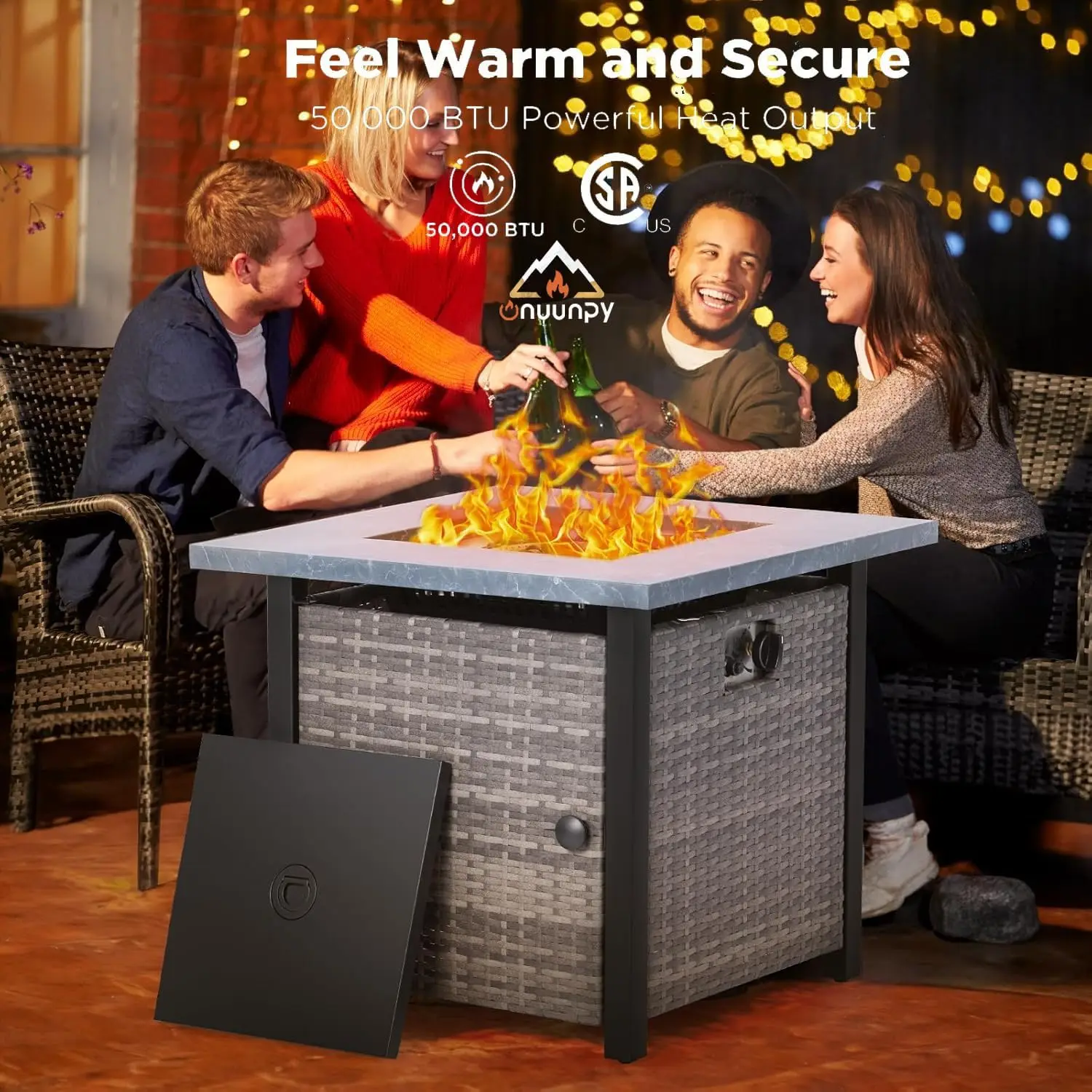 Propane Fire Pit Table 28Inch - 50,000 Btu Outdoor Gas Fire Pit With Lid & Glass Rocks - Perfect For Patio, Deck, Backyard，Csa