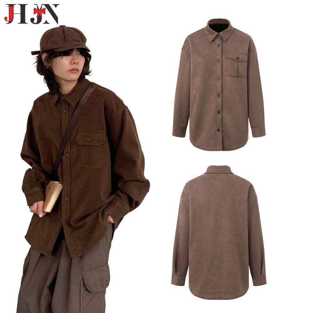 JHJN Autumn & Winter Large version Padded Shirt Thickened Warm Loose Brown Versatile Buttons Shirt Women's Shirt