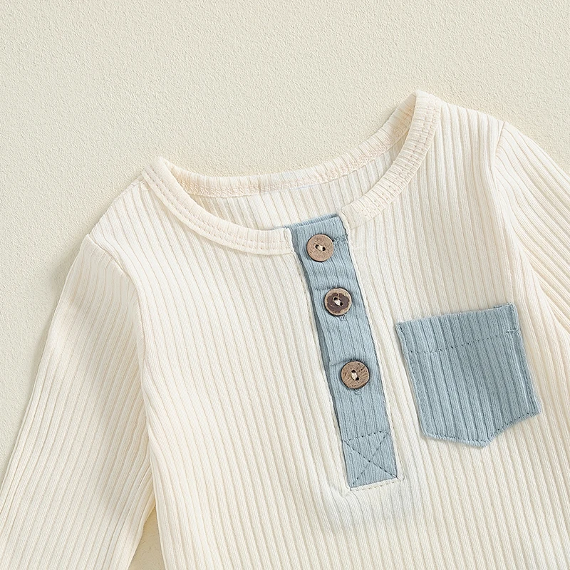 طقم رومبير بأكمام طويلة للأولاد الصغار ، أحادي اللون ، بنطال برباط ، رقبة دائرية ، زي بأزرار ، 2.