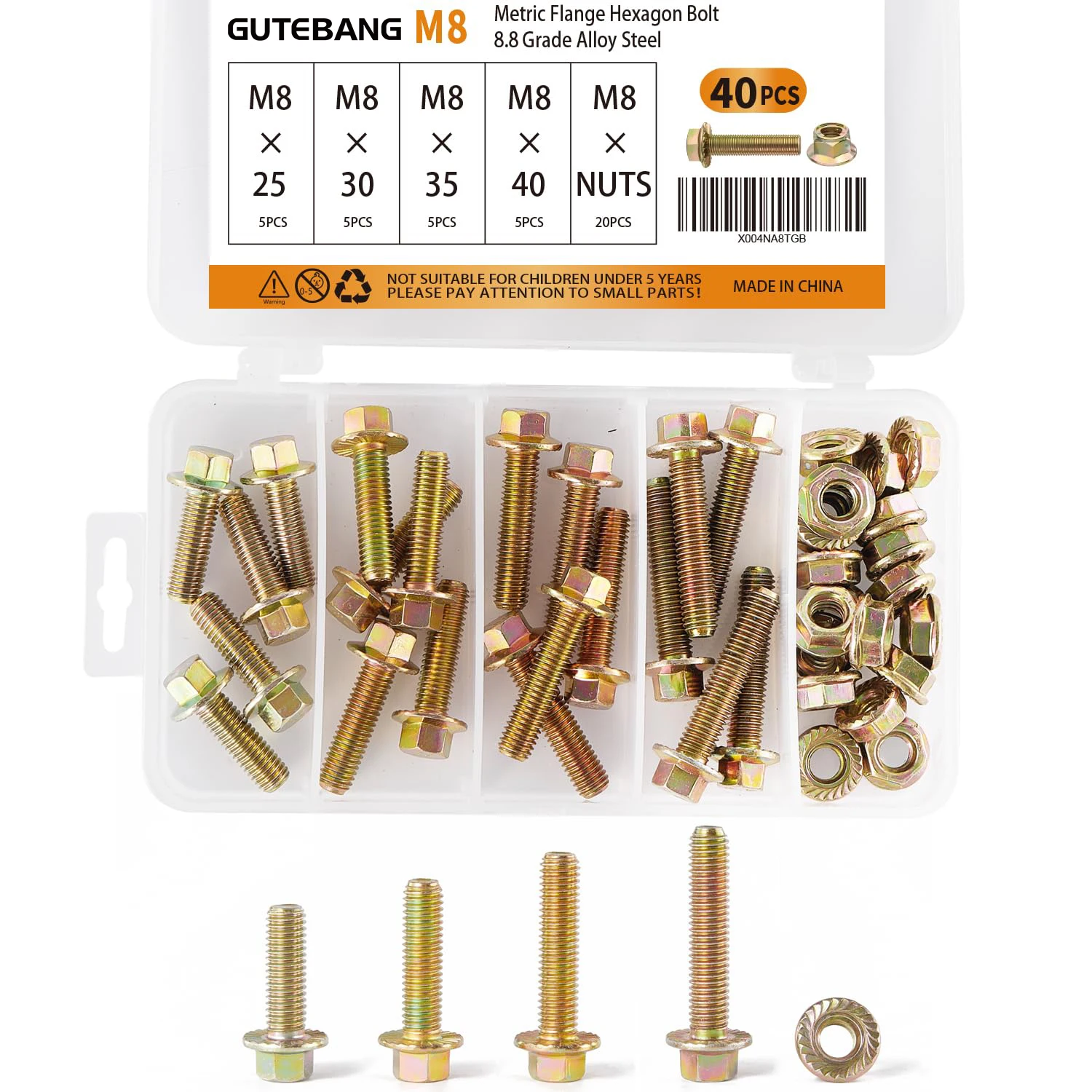 40 قطعة M8 x 25/30/35/40 مللي متر متري شفة مسدس الترباس مع مجموعة متنوعة الجوز ، سبائك الصلب الصف 8.8 ، الأصفر الزنك مطلي #4