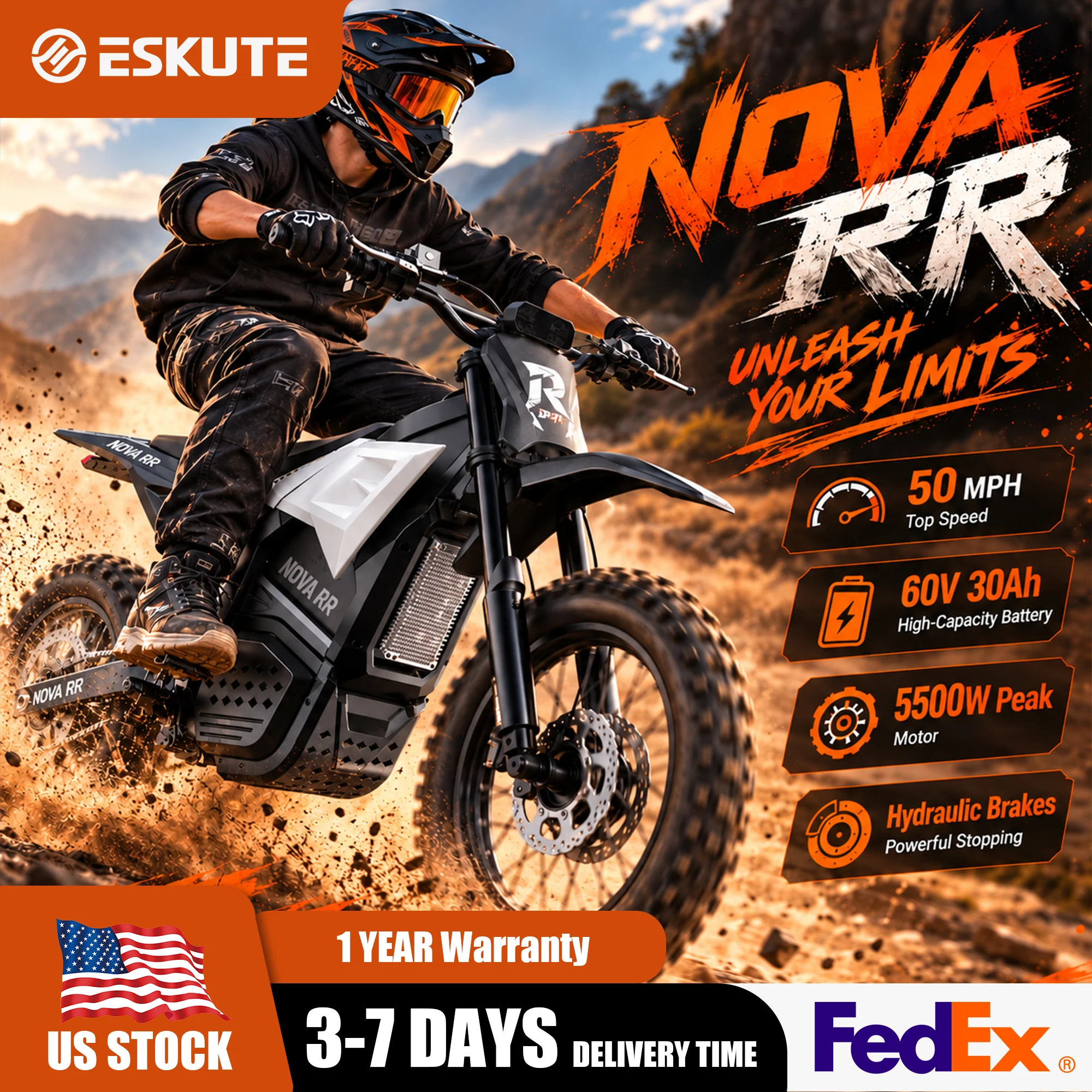 ESKUTE RR Electric Dirt Bike, 50+mph 5500W Peak Mid-Drive Motor, Electric Motorcycle with 60 Mile 60V 30Ah Removable Battery, Hydraulic Dual Shock Absorbers,