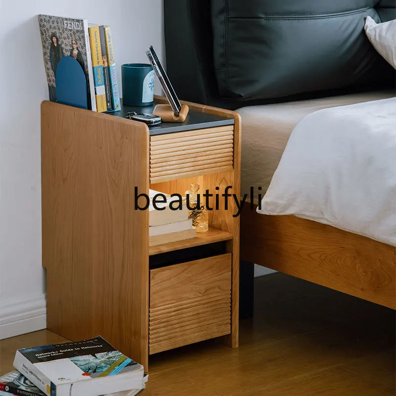 Cherry wood bedside storage locker with lamp Solid wood rock slab