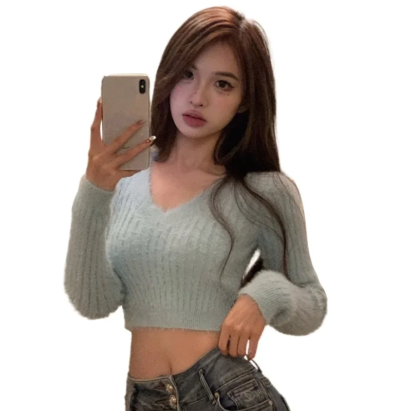 Maglione slim a maniche lunghe con scollo a V sexy da donna Top corto in tinta unita stile coreano Pullover lavorato a maglia casual autunno primavera