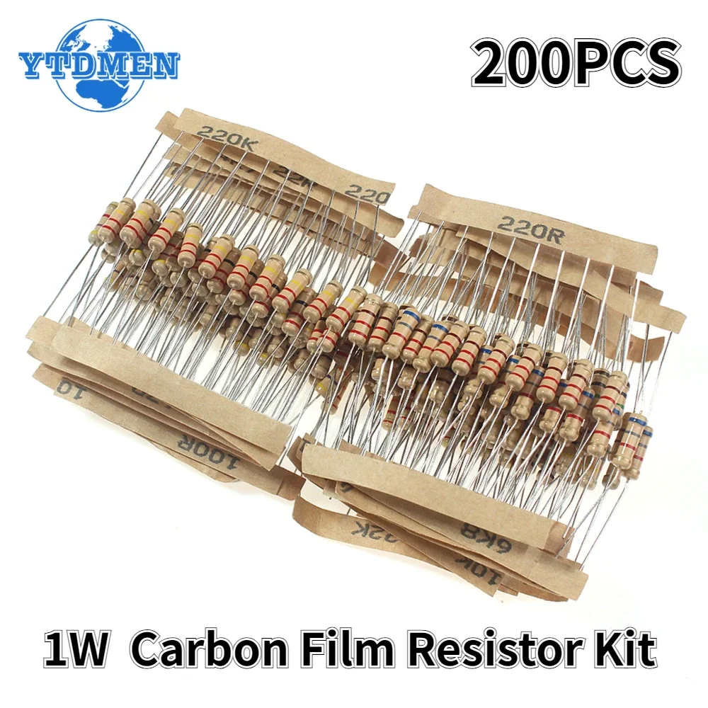 200PCS Carbon Film Resistors 1W Resistor Kit 5% 10 Ohm ~1M  20values*10pcs Resistance 6.8K 10K 22K 47K 68K 100K 470K 1M Ohm