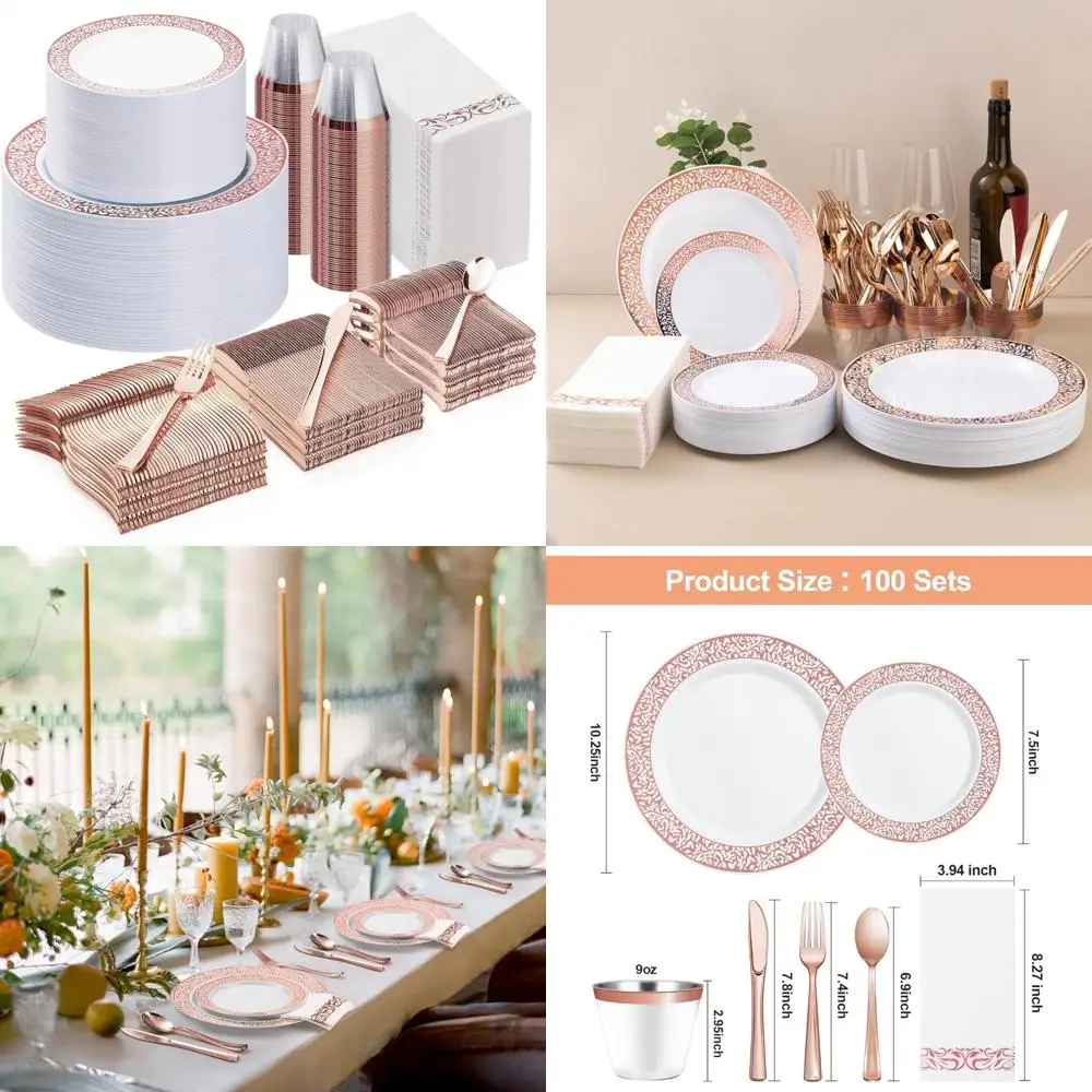 

Набор пластиковой посуды розового золота на 100 гостей — одноразовые тарелки для вечеринок и свадеб, включая 100 обеденных тарелок и 10 эк.