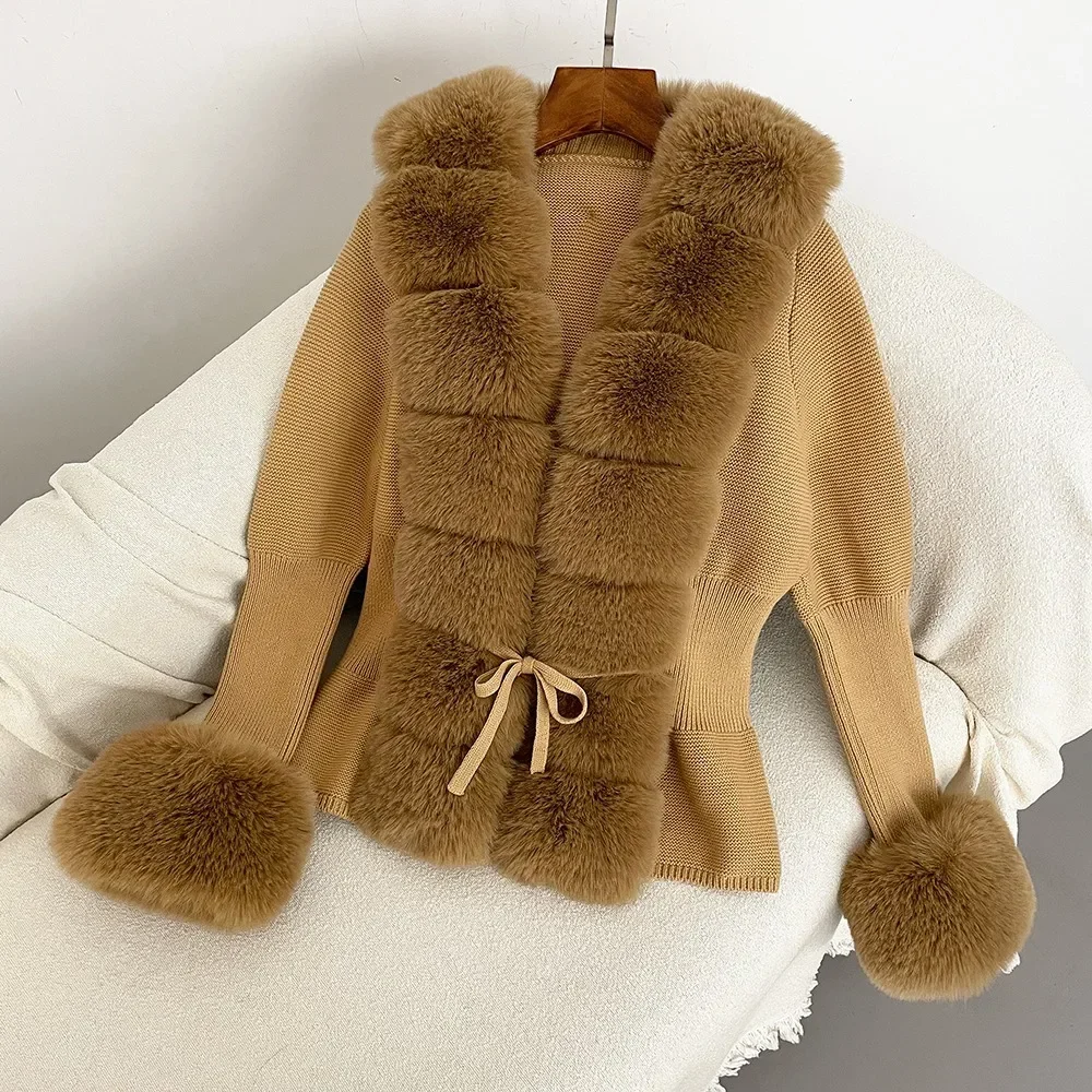 Fur Cardigan Detachable Collar Jacket Faux Fur Coat Luxury Patchwork Knit Sweater Bandage Autumn-winter Women\'s Faux Fur Coat