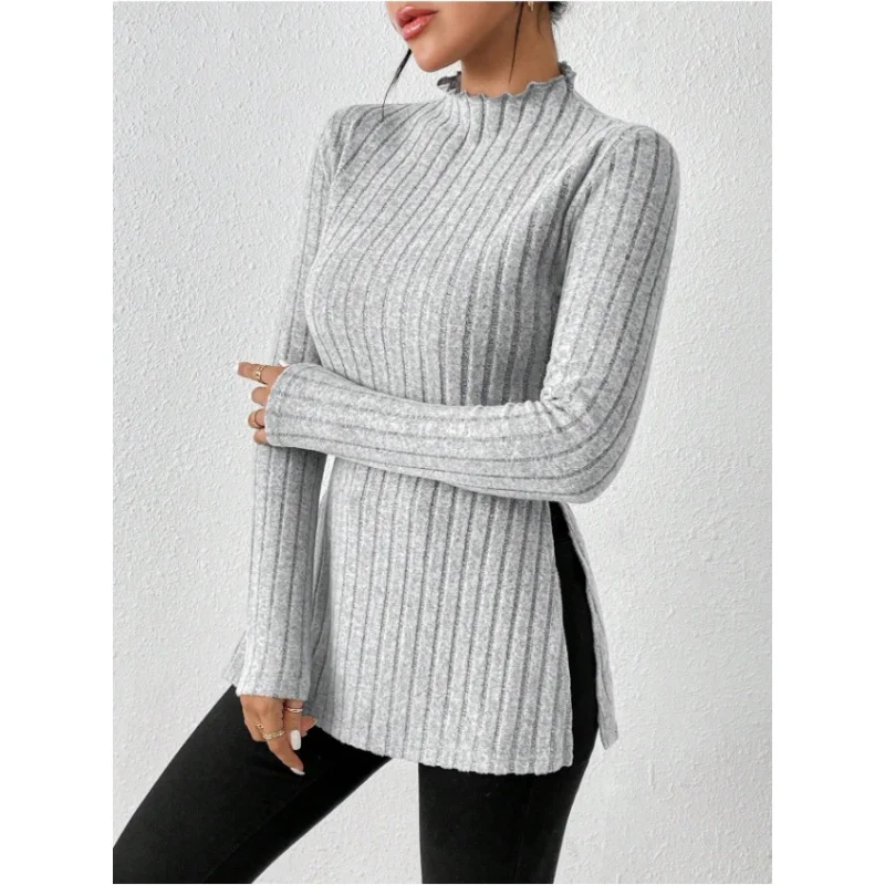 

Women's European And American Style Long Sleeve Base Shirt Autumn 2025 Solid Color Slit Design Casual Fashion Top