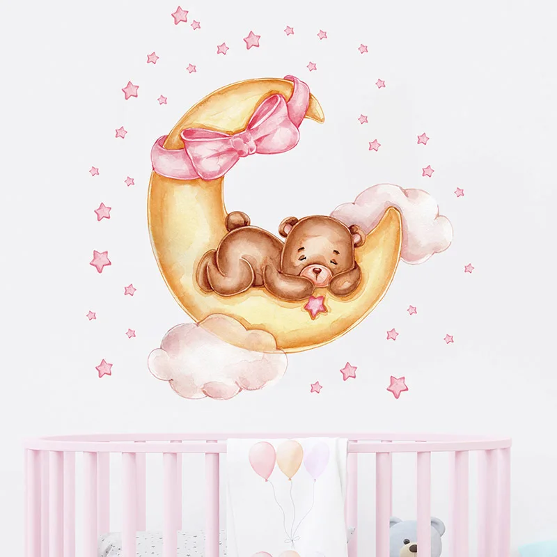 Wall Decals for Baby Girls Room Teddy Bear Sleeping on Gold Moon Wall Decor Stickers Bedroom Living Room Interior Wallpaper