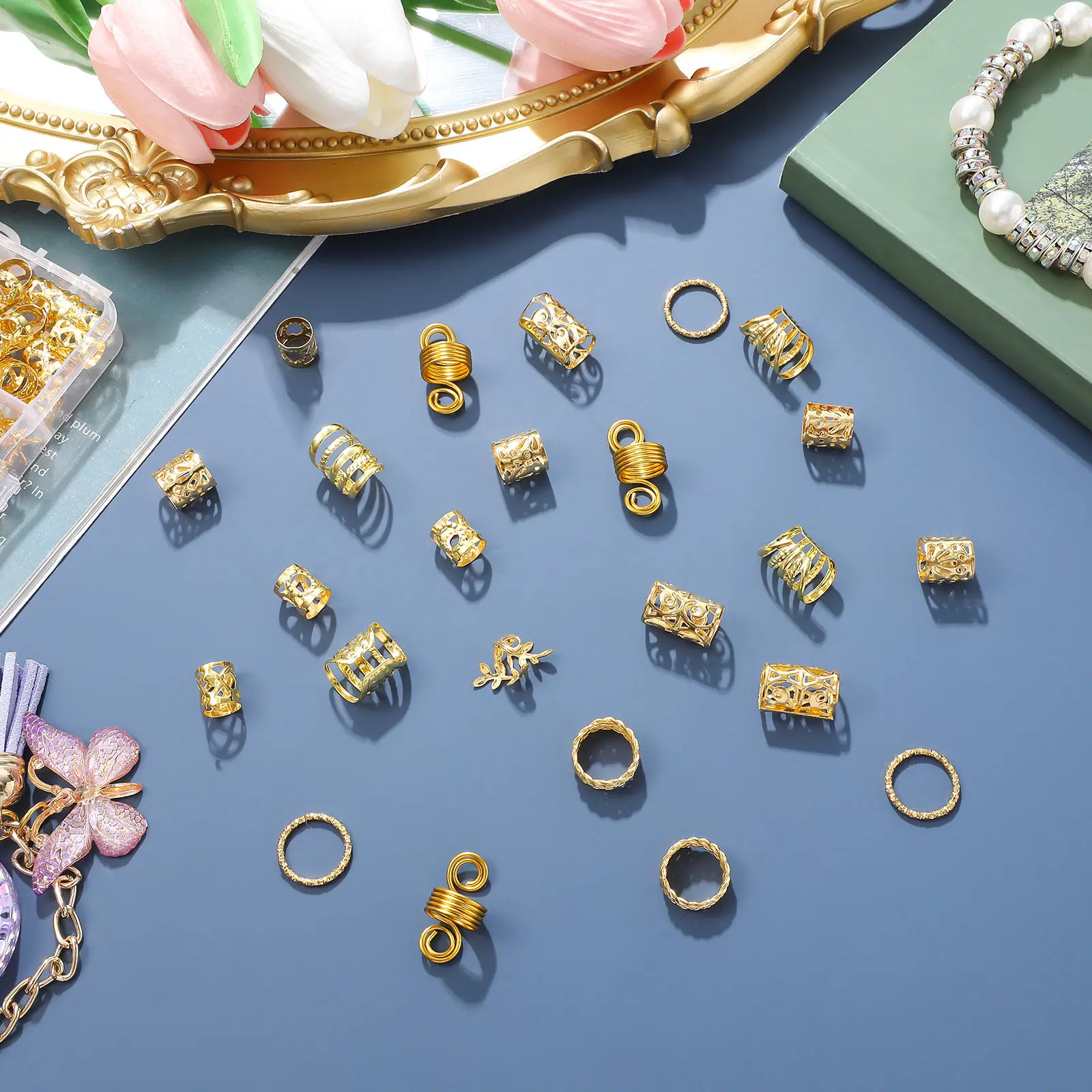 

Набор металлических бусин и колец для косичек (1 коробка) – Изысканные украшения для волос для женщин, легко использовать