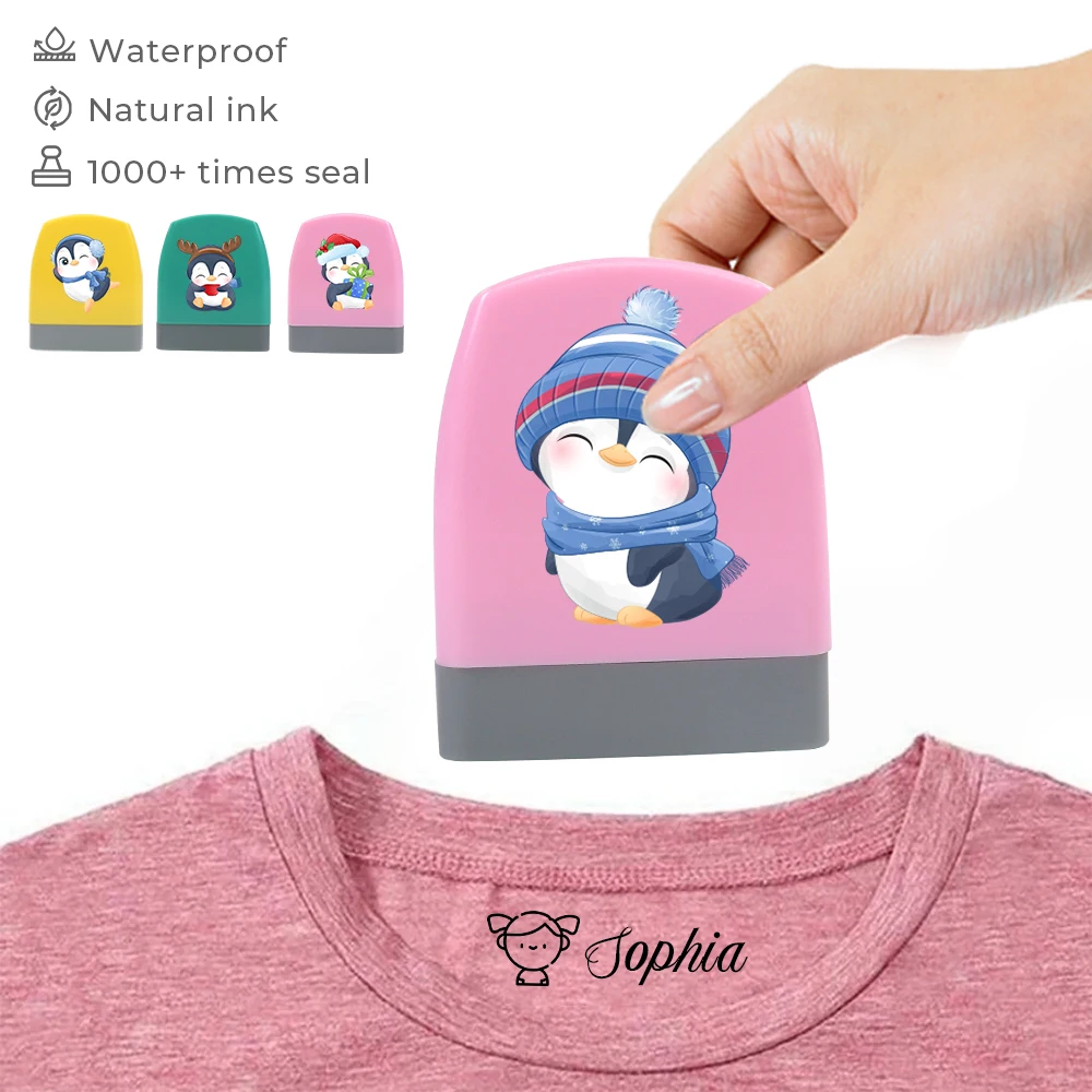 1 Stück personalisierter Namensstempel mit Pinguinmuster, personalisierter wasserfester Stempel für Kleidung, personalisierte Tinte für Männer und Frauen