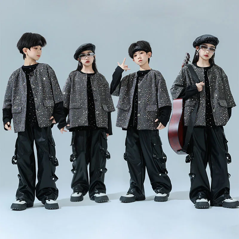 

Kid Kpop Hip Hop Clothing Gray Sequined Jacket Black Star Sweatshirt Faux Leather Cargo Pants for Girl Boy Dance Costume Clothes