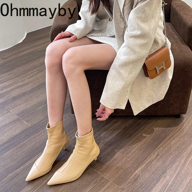 Pointed Toe Women Elastic Short Boots Fashion Slip On Slim Ankle Booties Thin Low Heel Autumn Winter Ladies Shoes