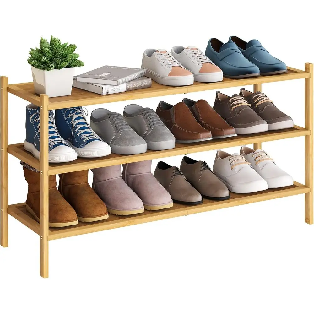 

3-Tier Bamboo Extended Shoe Rack Premium Stackable Shoe Shel Storage Organizer or Hallway Closet Living Room Entryway Organizer(