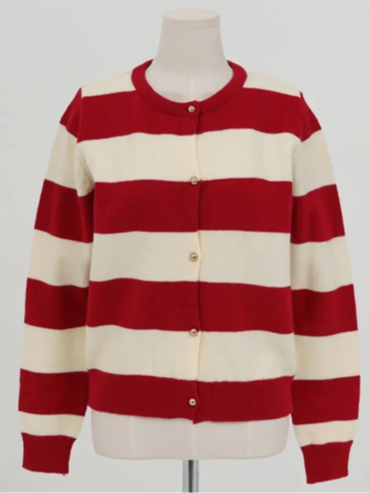 محبوك الخريف سترة المرأة مخطط طباعة عادية سليم موضة السيدات اقتصاص بالأزرار الكورية نمط امرأة سترة معاطف