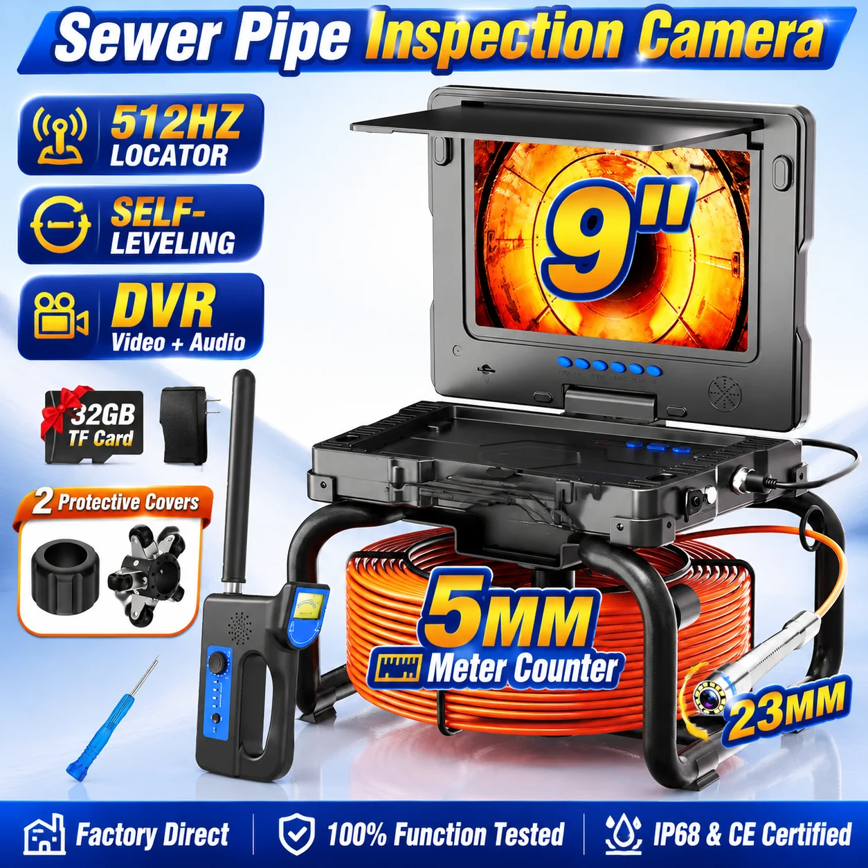 9'' Waterproof Sewer Pipe Inspection Camera with 512HZ Self-Leveling Locator, Meter Counter & DVR Video Endoscope