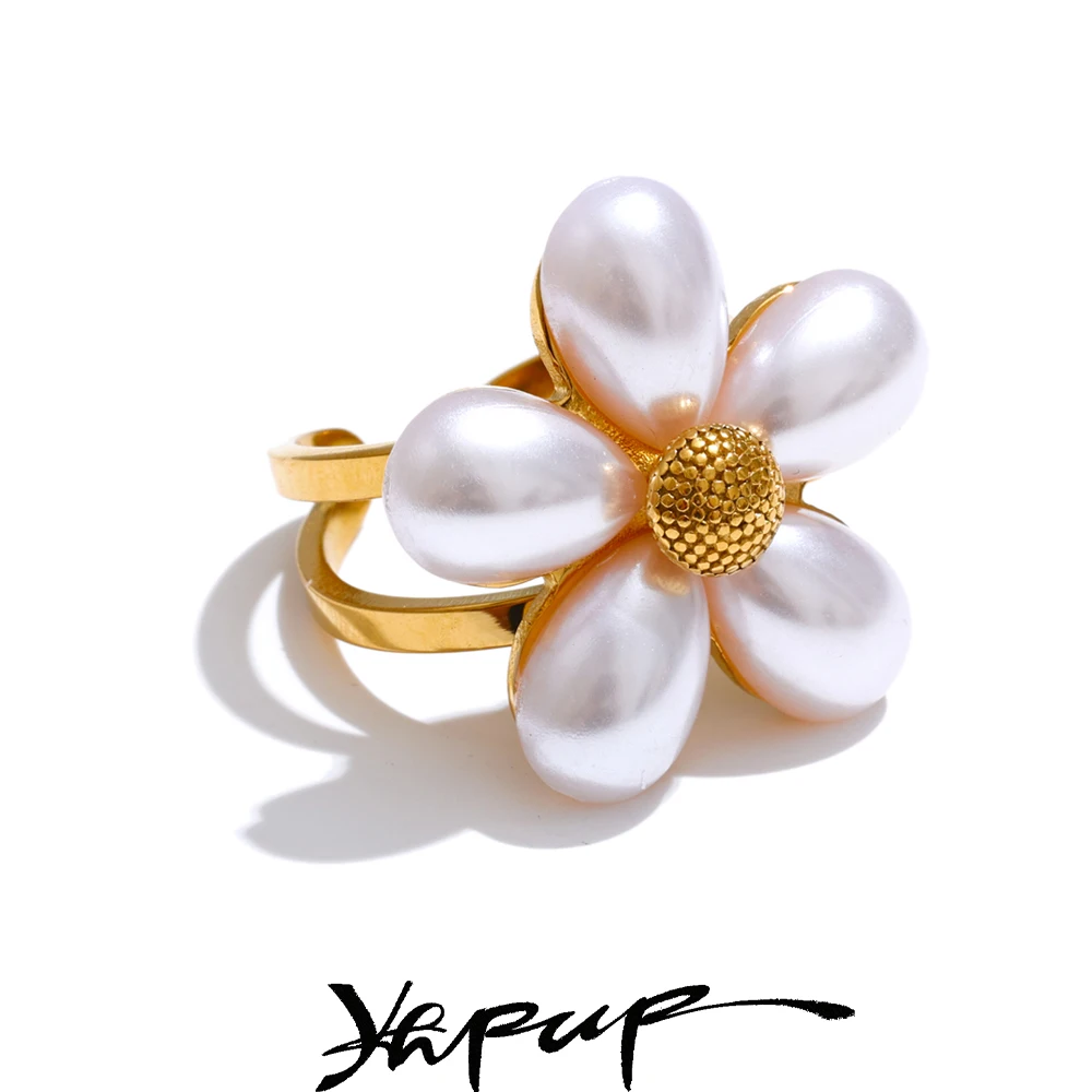 Yhpup Elegance Simulated Pearls Flower Golden Open Ring for Women Stainless Steel Chic Fashion Summer Jewelry Accessories