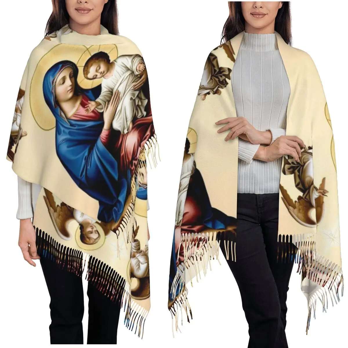 

Дева Мария Гваделупской Мексика Католический Святой Шарф Шарфы с кисточками Женские мягкие теплые шали и накидки Длинная осенне-зимняя шаль