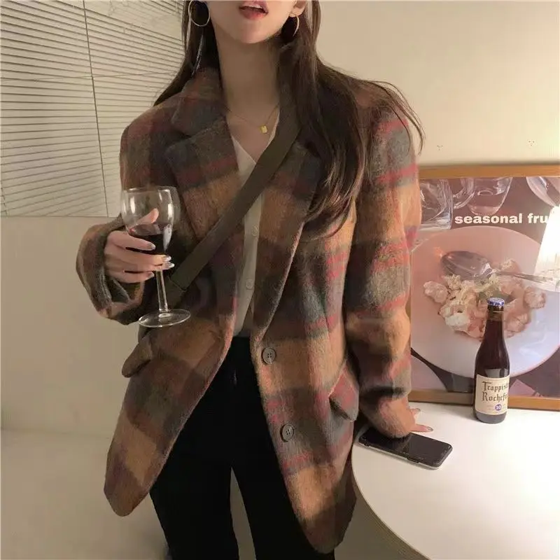 UNXX Vintage Plaid Woolen Jacket Women Y2k Streetwear Loose Quilted Suit Korean Oversized Casual Warm Blazer Outerwear Winter