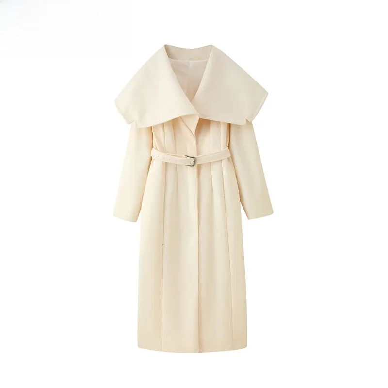 

Faionable Loose Woolen Coat for Women with Belt Turn-down Collar Street Sle Autumn Winter New Arrival Polyester Fiber