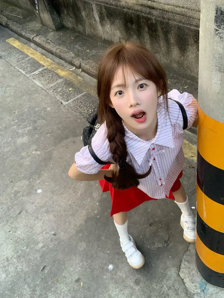 Women Shirts Preppy Style Sweet Striped Short Sleeve Turn Down Collar Single Breasted Fashion Blouse Summer Tops