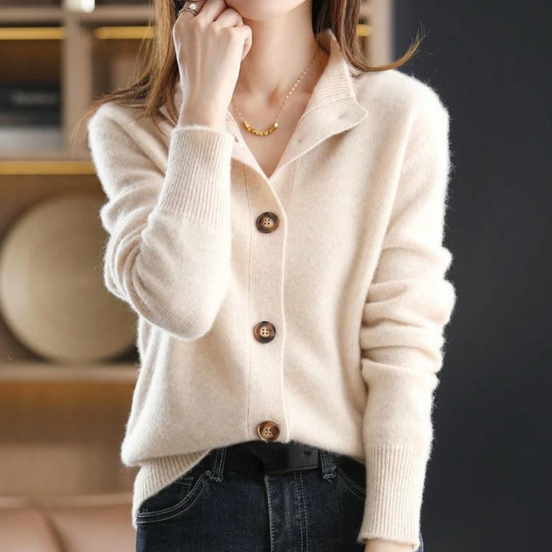 2022 Autumn Winter New Fashion Vintage Caramel Open Stitch Sweater Korean Style Turn Down Collar Casual Elegant Shirt for Female