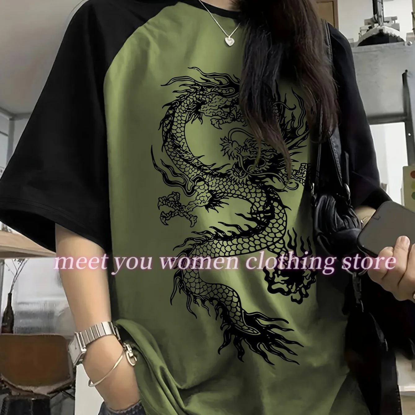 Chinese Dragon Pattern Woman T Shirt Girl Oversize Daily Top Female Creativity Streettshirt Round Neck T-Shirt Casual Clothes