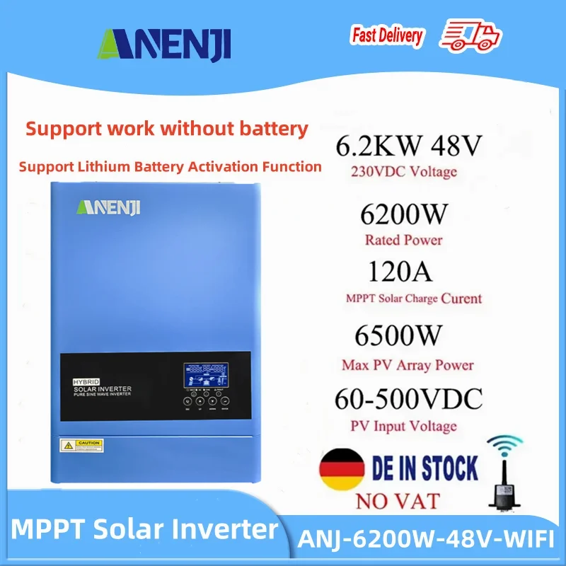 

Hybrid Solar Inverter 6.2KW 48V 230V Pure Sine Wave Off Grid Built-in 120A MPPT Solar Charge Controller Work without Battery