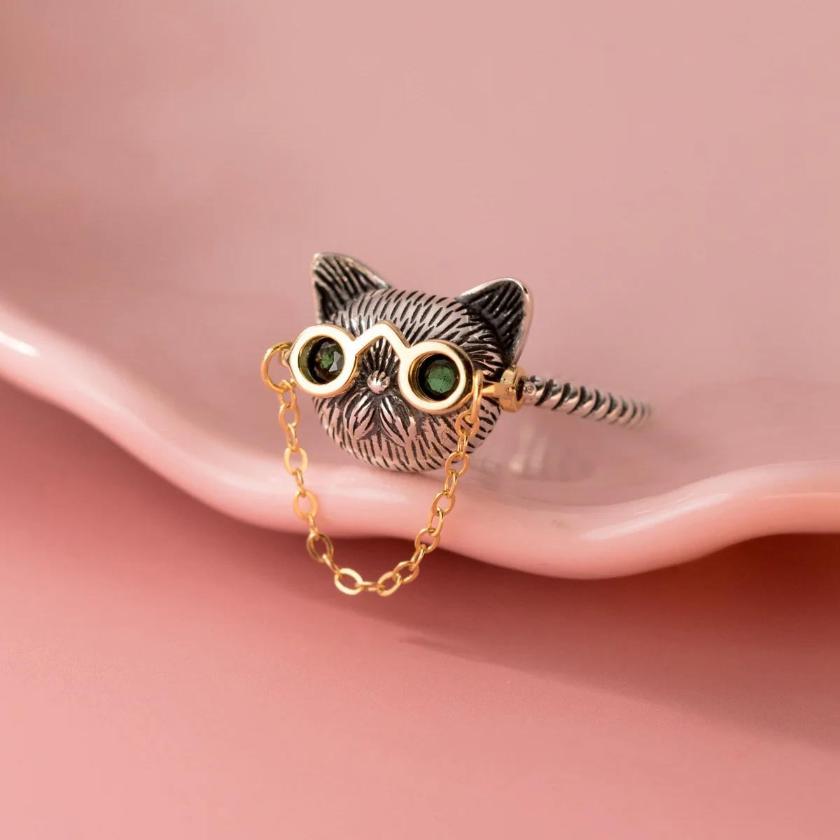 925 Sterling Silver Cute Cartoon Cats Wear Glasses Open Rings Fashion Silver Color Cat Head Chain Finger Ring for Jewelry Gift