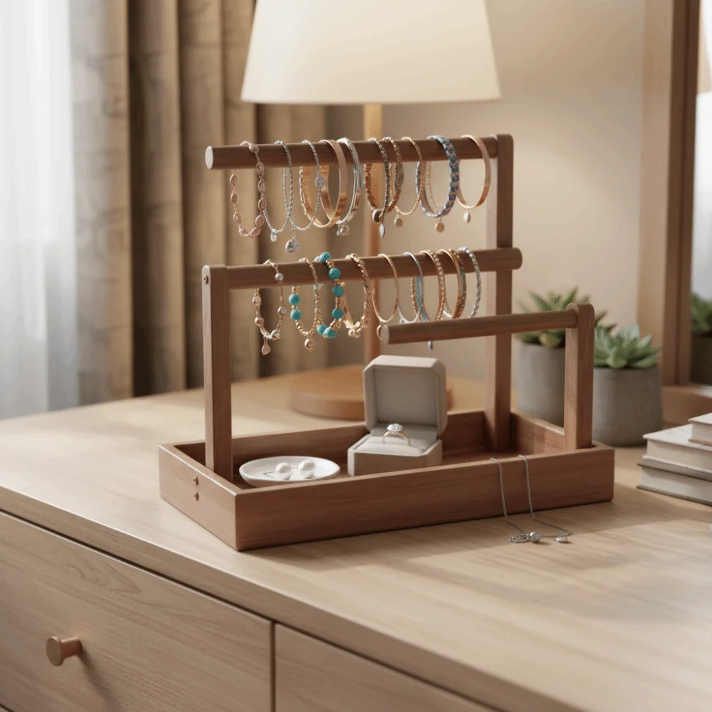 Solid Wood Jewelry Stand Large Size Retro Style Bracelet Storage Holder With Hook Multi-Layer Design Jewelry Display Stand
