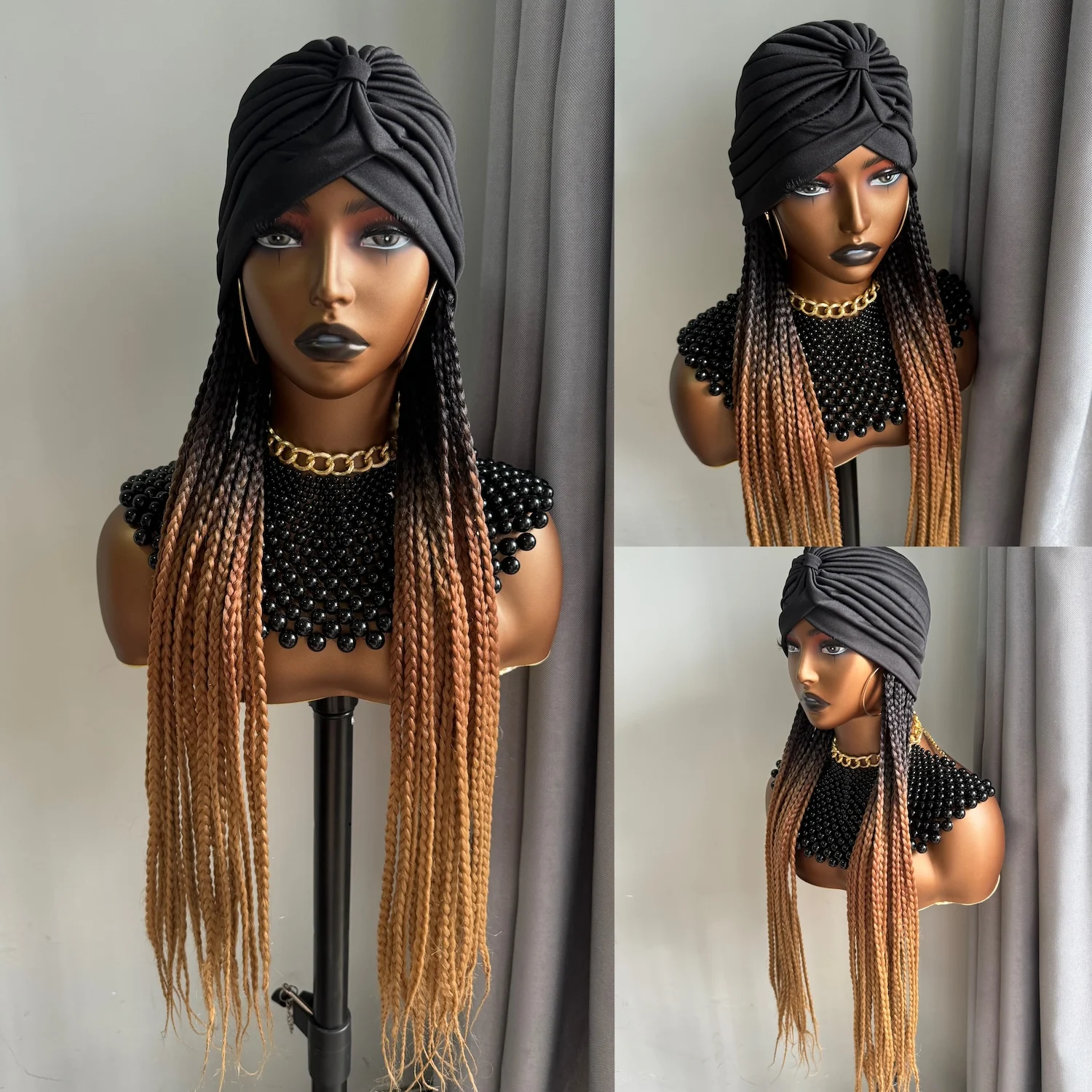 

Long 24Inch Ombre Black Dark Brown Honey Brown Braided Synthetic With Headband Turban Braiding Hair Extensions Wigs For Women