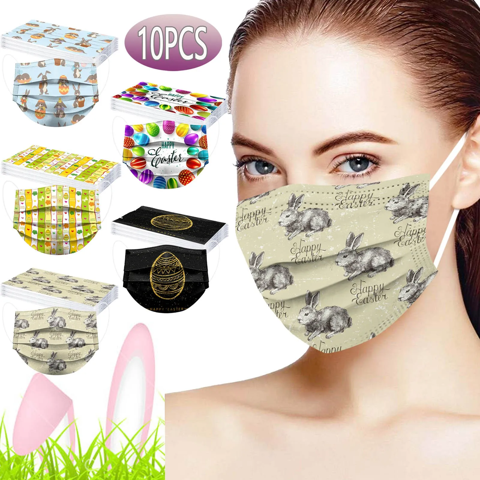 10PCS Adult Easter Day Disposable Face Mask 3 Ply Earloop Anti-PM2.5