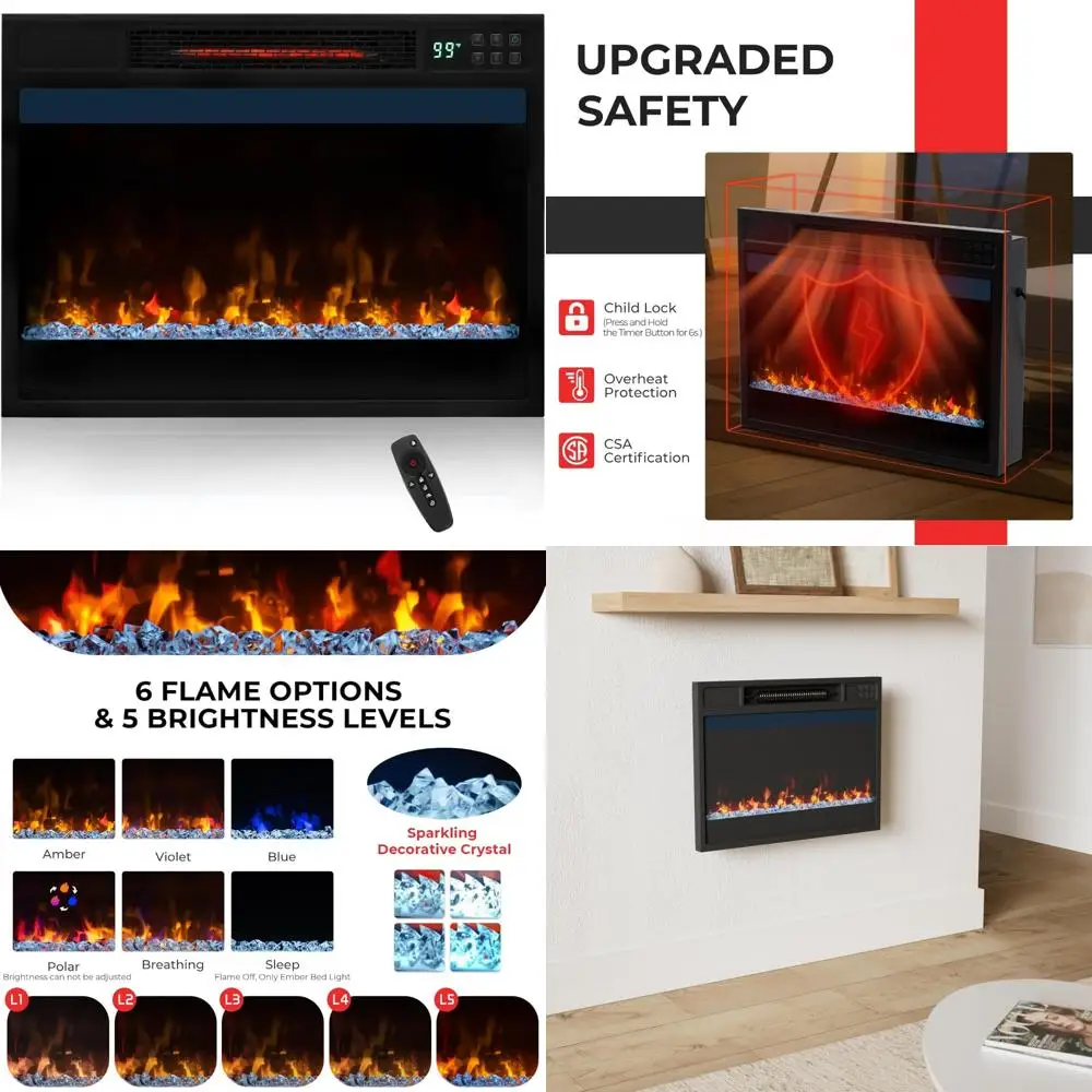 

23 Infrared Quartz Fireplace Insert, 1500W Electric Heater with Remote & Thermostat