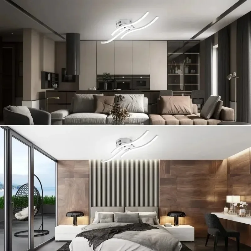 ‌21W 5500K LED 3-Arm Chandelier with Wavy Design, Modern Ceiling Light for Living Room Bedroom Kitchen Hallway