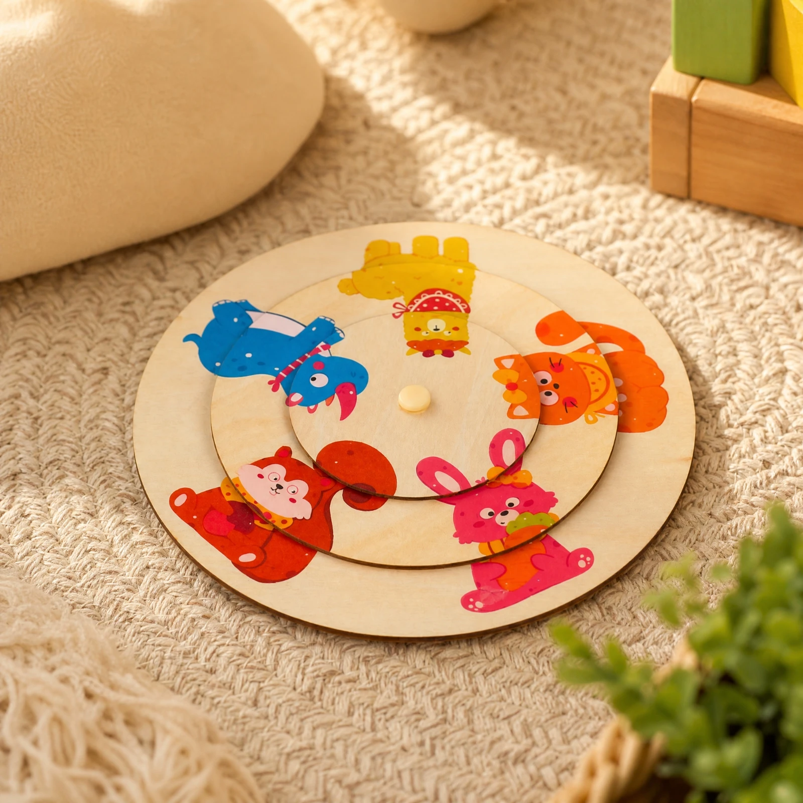 Round Wooden Puzzle with Concentric Layers Screenwithout-Screen Rotating Matching Puzzle Toy Compact Multiple Shape