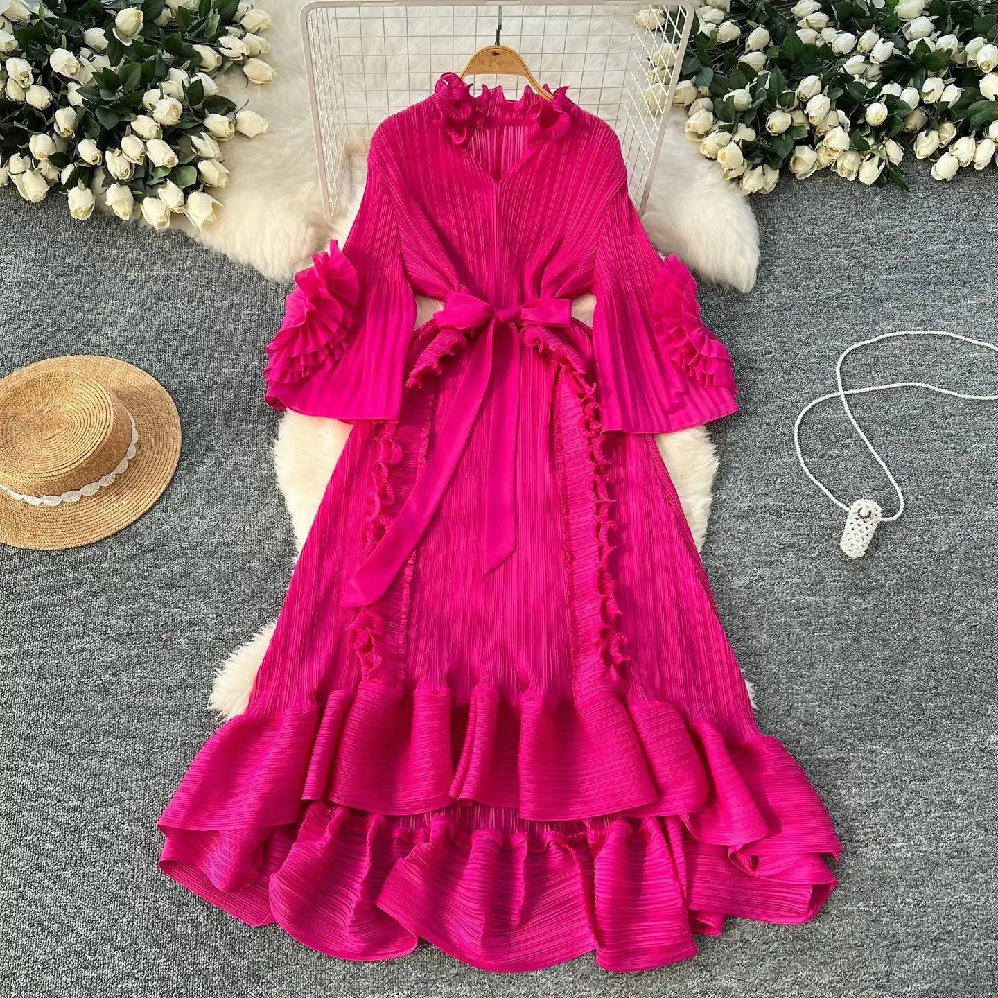 ANLAN Lusso Miyake 3D Ruffles Splice Abiti a pieghe Donna Scollo a V Alta elasticità Cintura con lacci Boho Robe Party Abbigliamento 2AN7516