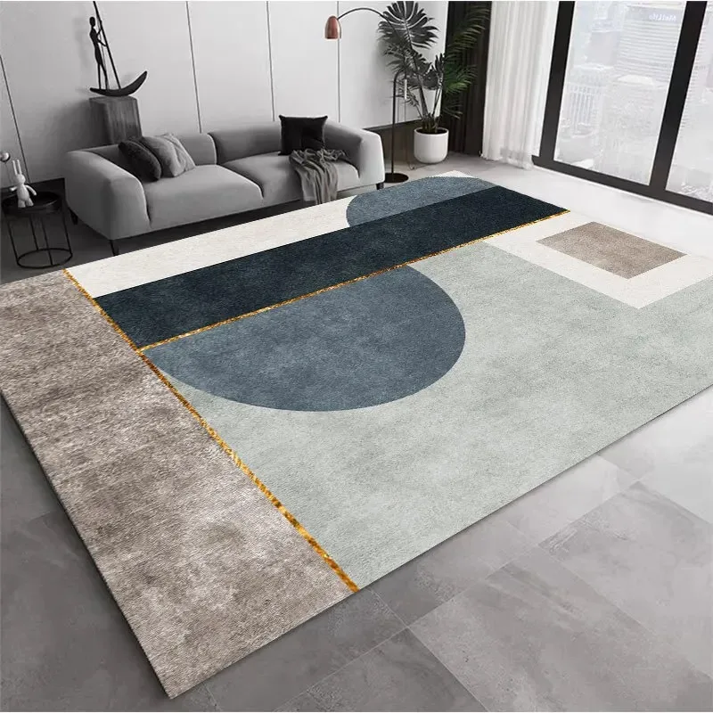 Minimalist Abstract Curve Area Rug, Soft Green‑Grey Tone Golden Line Spliced Textured Print, Large Floor Carpet for Living Room