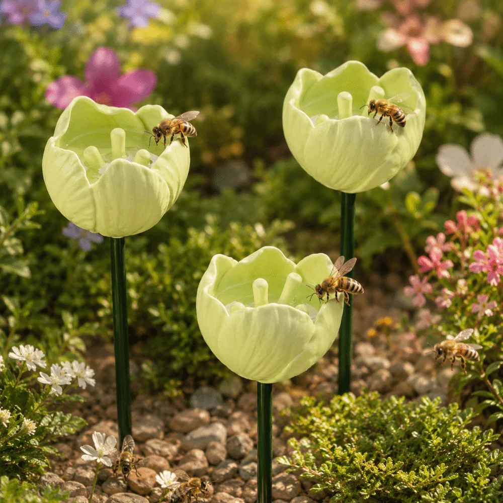 3 pcs Flower-Shaped Bee Butterfly Water Dispenser Garden Decoration DIY Insect Drinking Cup Gifts Ceramic Artificial Flower