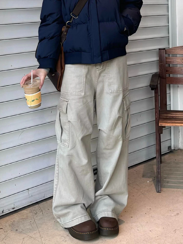 

Широкие брюки-карго с высокой талией для мужчин и женщин, осенне-зимние, в уличном стиле, свободного кроя, с множеством карманов, винтажные джинсы