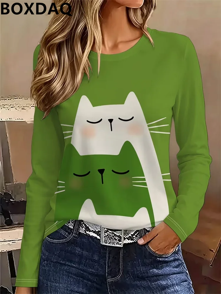 New Women's T-Shirts Casual Cute Cartoon Cat Animals Print Long Sleeved Round Neck Loose Fitting Pullover Women's T-Shirt 2026