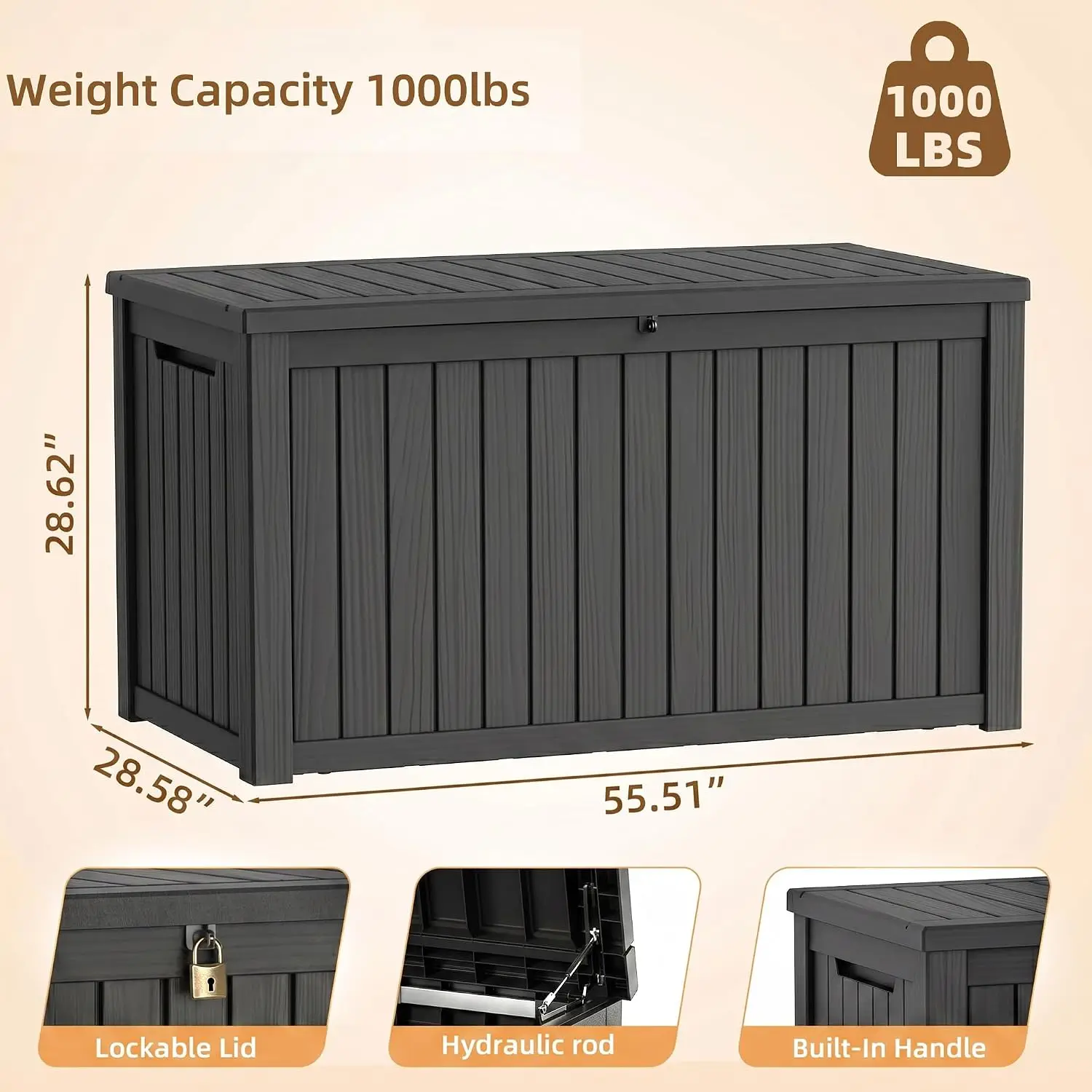 Waterproof Resin Lock Storage Container, Hinged Lid Reinforced Stability for Patio, Garden and Poolside, Black