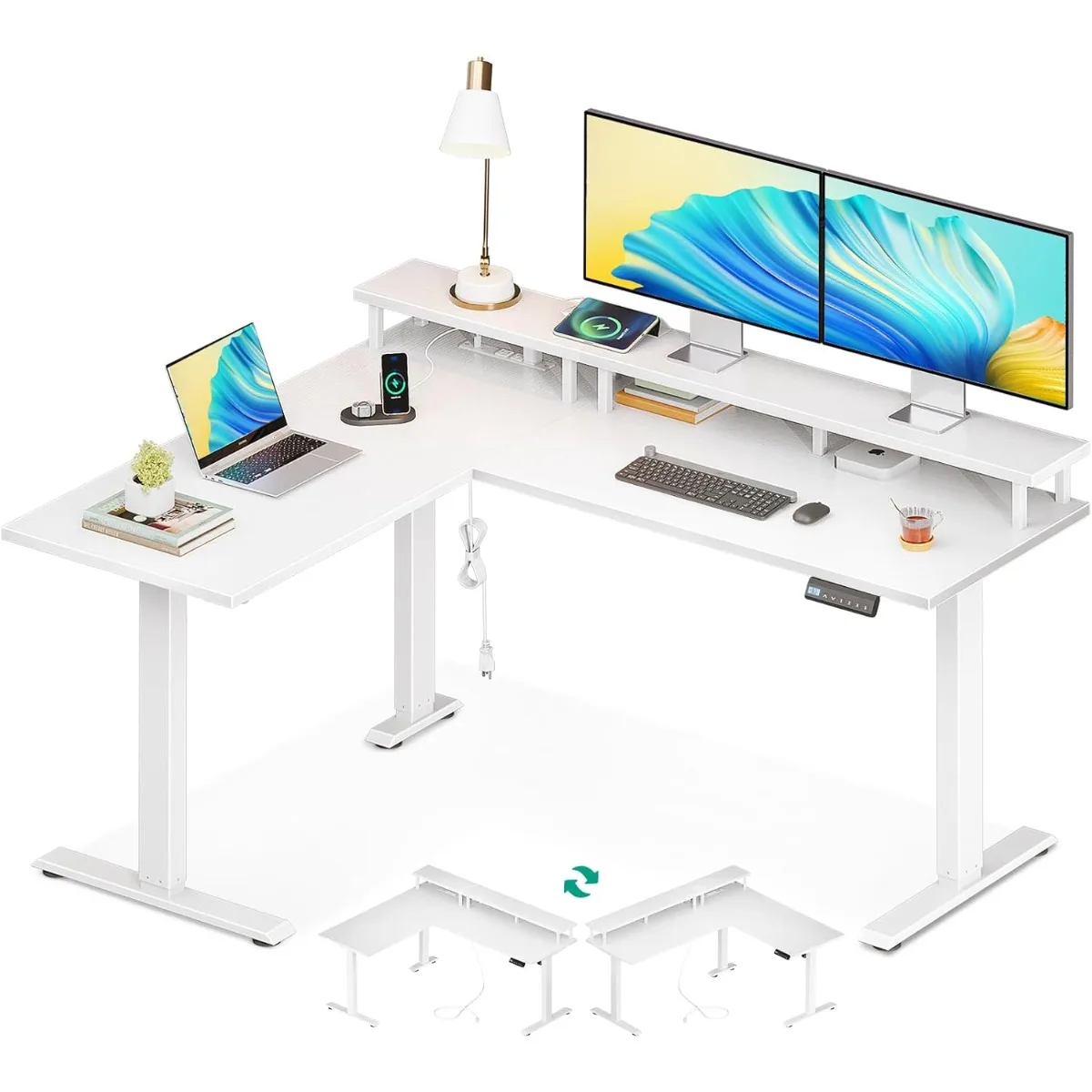 Electric L-Shaped Standing Desk, Height Adjustable Office Desk with Monitor Stand, Sit-Stand Desk with Power Outlets