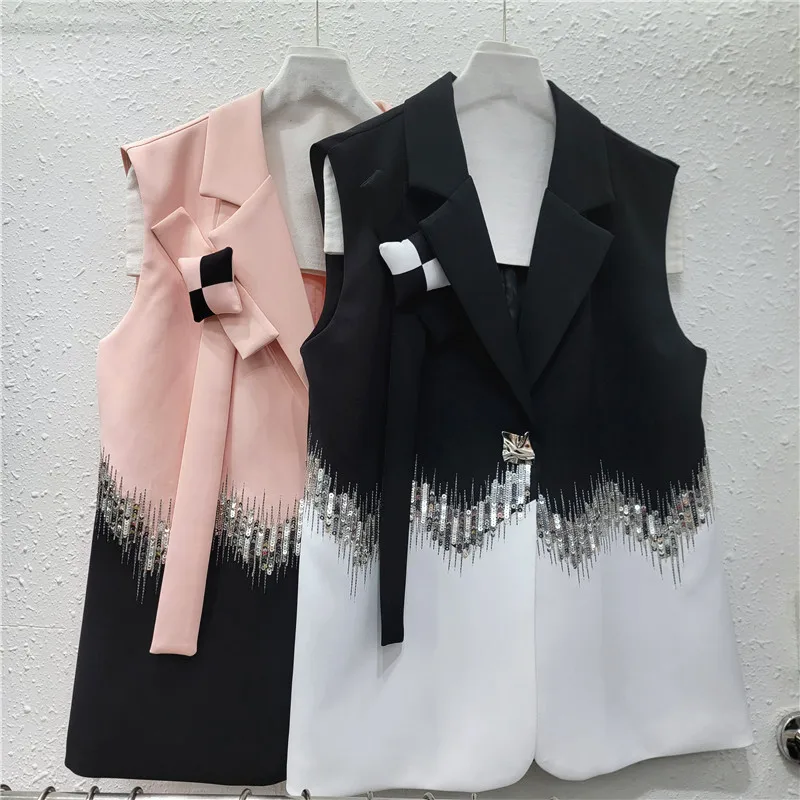 

Женский стильный жилет Clothland с блестками, бантом и лоскутным узором, без рукавов, блестящая женская куртка-жилетка, модель MA192