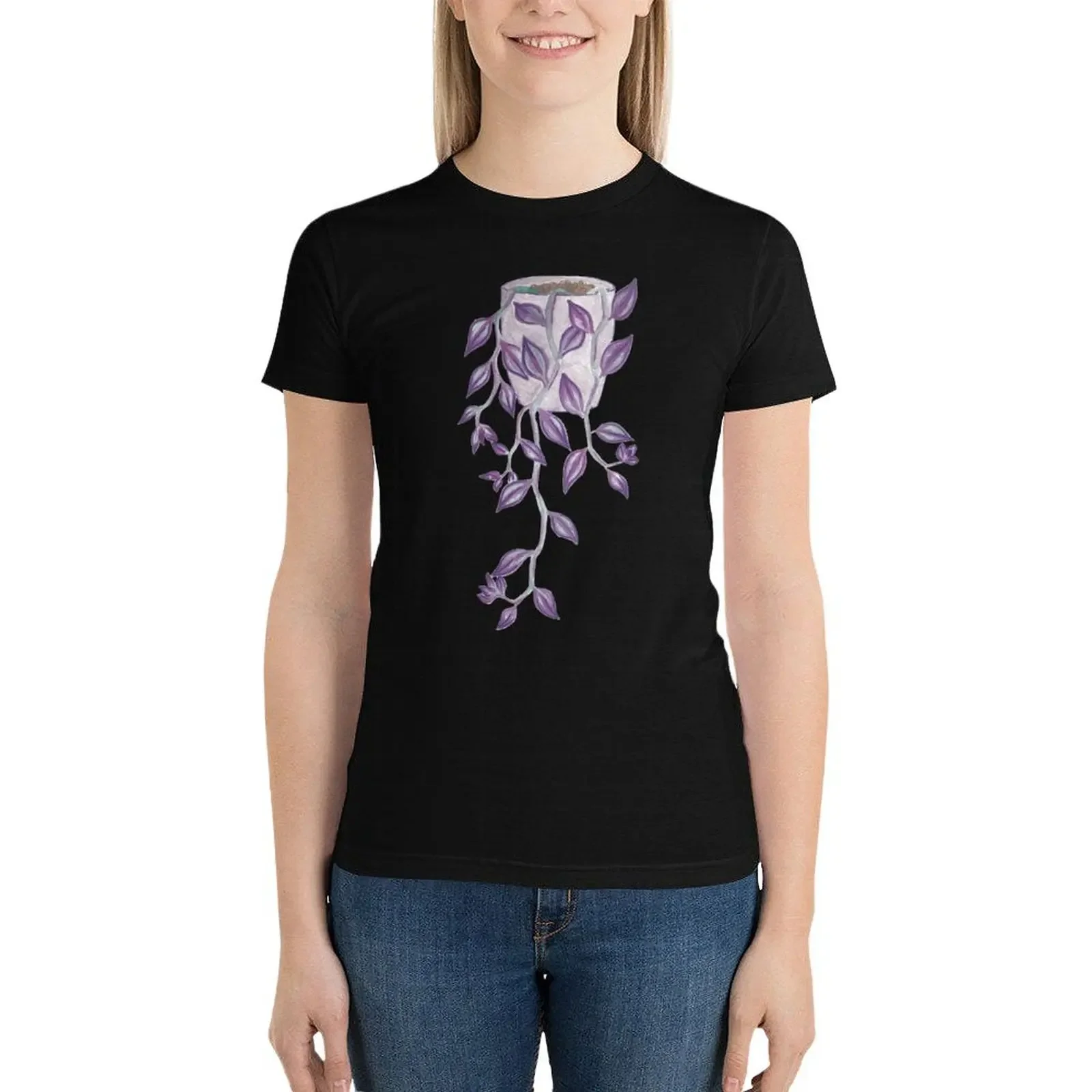 Tradescantia Zebrina Hanging Plant Hand Drawn in Watercolor and Ink T-Shirt tops lady clothes white t shirts for Women