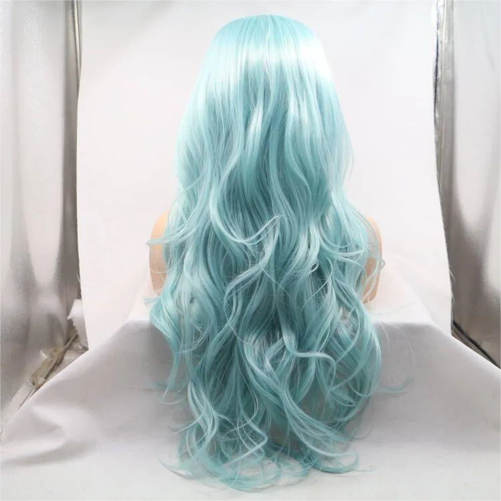 Wig rambut sintetis bahan baku 13*1 Wig renda kecil tubuh panjang gelombang Mint hijau dengan tahan panas untuk wanita Cosplay