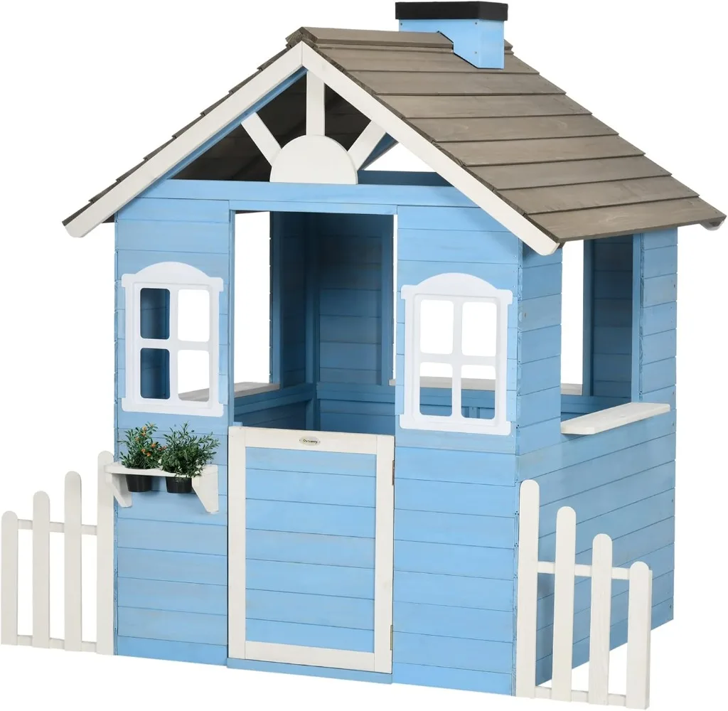 Playhouse for Kids Outdoor, Country Style Wooden Playhouse with Flower Pot Holders, Working Door, Windows, Service Stations