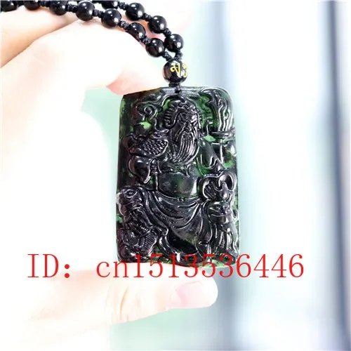 Carved Chinese Warrior Jade Pendant Natural Black Green Obsidian Necklace Charm Jewellery Fashion Amulet Gifts for Men Women