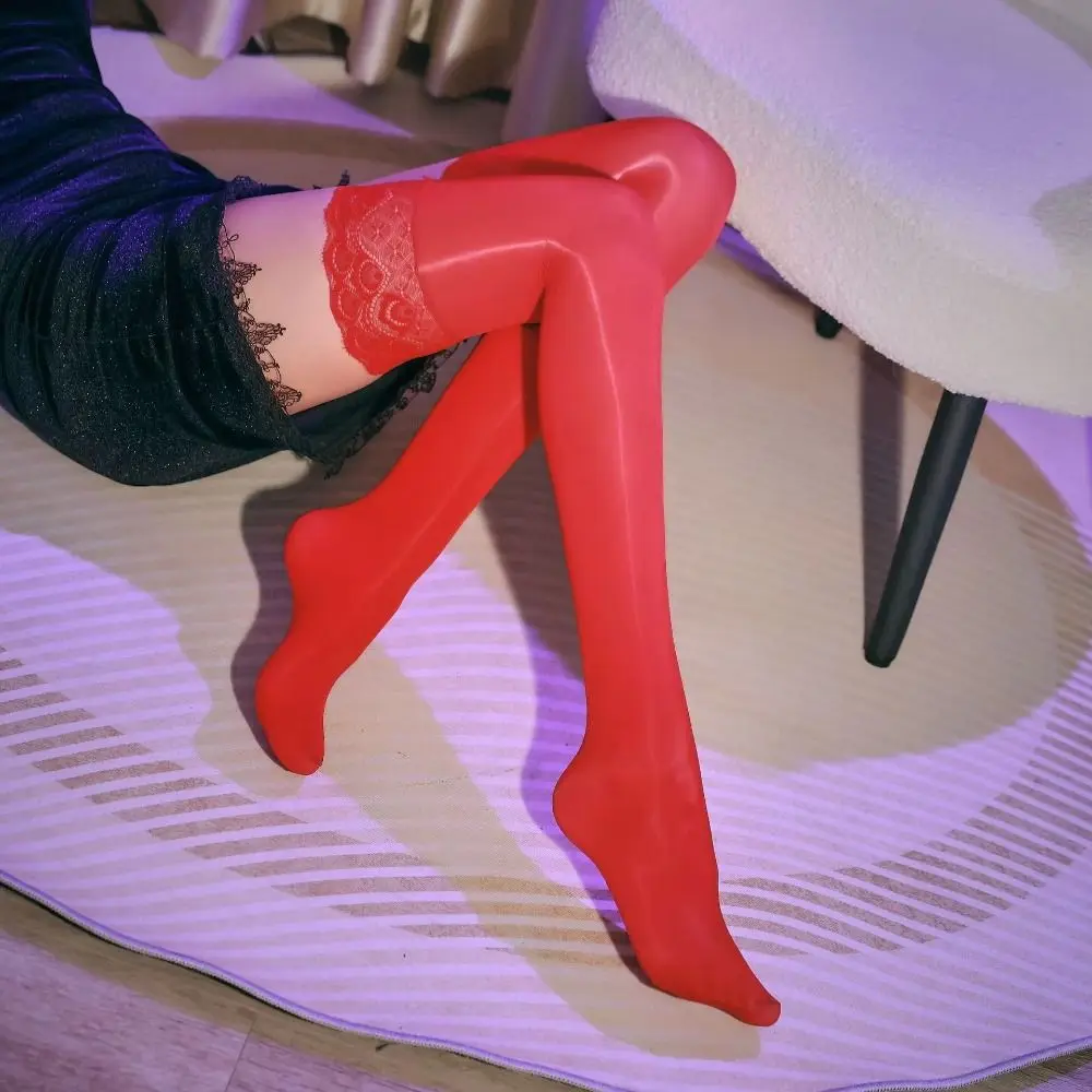Sexy 8d suave brilhante meia de seda brilhante rendas retalhos meias de óleo de cavalo antiderrapante cintura alta aurora meias femininas