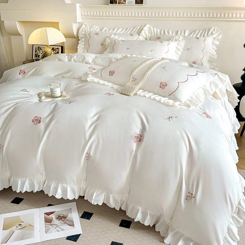 

Flowers Embroidery Duvet Cover Set White Princess Ruffles Bedding Bedspread Sheet Pillowcases Solid Color Home Textile