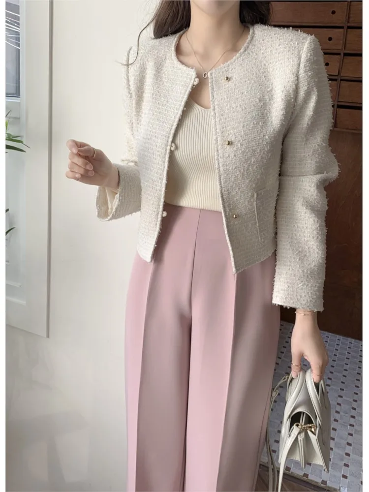 Spring Tweed Pink Coat Women Long Sleeve Casual Loose Fashion Ladies Cropped Jackets Korean Style Woman Coats Manteau Femme