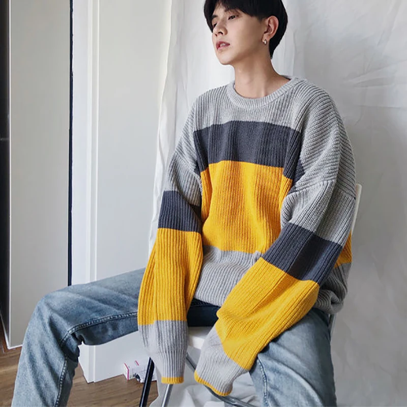 Winter Hit Color Fashion Long Sleeve Men O Neck Sweater Striped Print Loose Harajuku Simple Couple Clothing Top Yellow Navy Blue